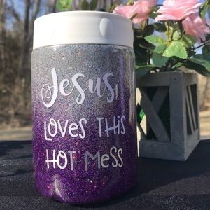 Jesus loves this hot mess glitter stainless koozie